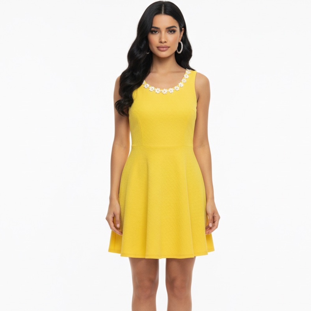 Rhapsody Yellow Daisy Neckline Skater Dress XL - Textured Stretch